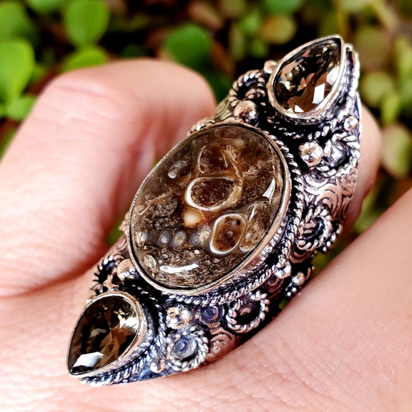 New Turtella Agate Fossil and Smoky Quartz 925 Silver Statement Ring. - Picture 10 of 16